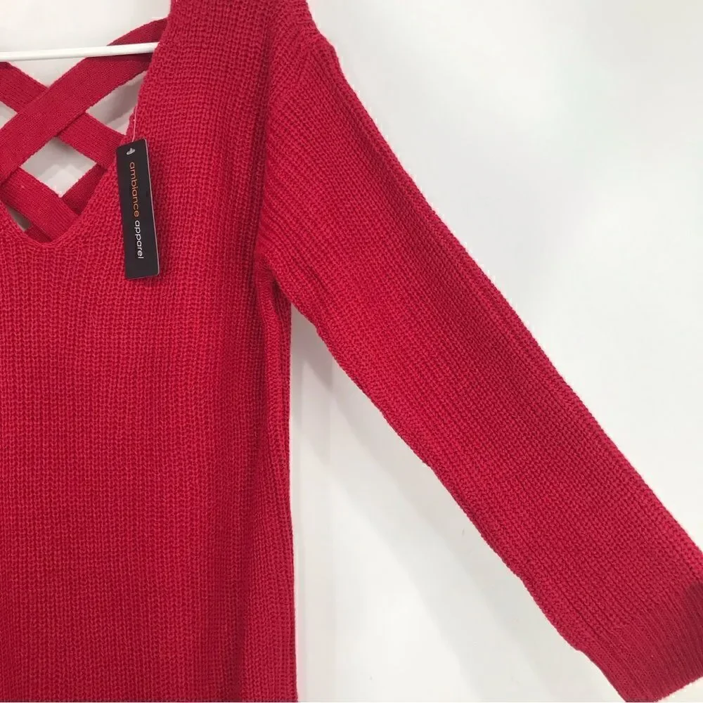 Ambiance Apparel Red Criss Cross Back Tunic Sweater NEW